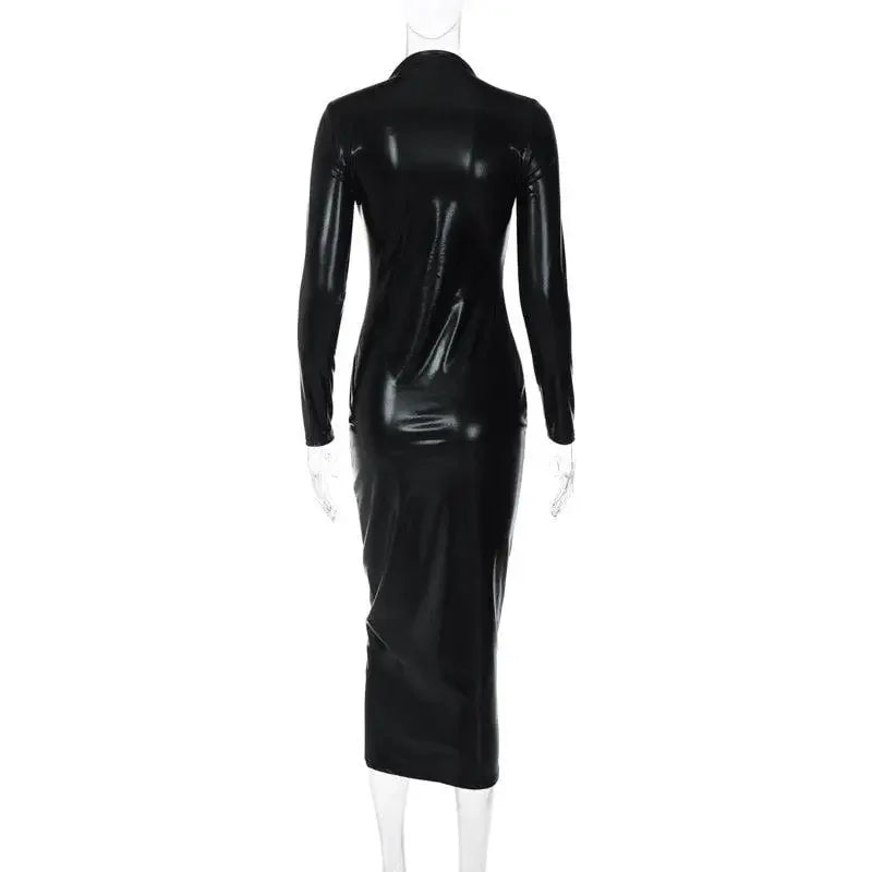 Black latex long-sleeve midi dress, perfect for autumn long sleeve style