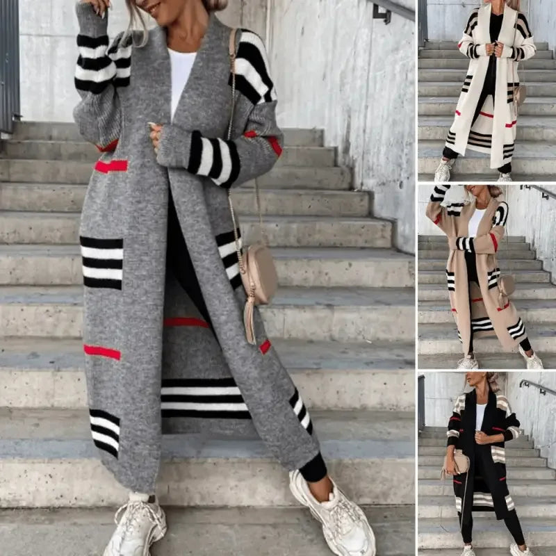 Long striped sweater cardigans and pants set showcasing stylish striped sweater fashion