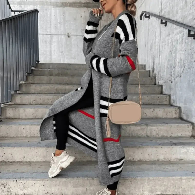 Gray striped knitwear set featuring stylish striped sweater cardigans for versatile wear