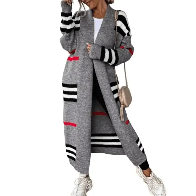 Gray striped knit cardigan from Striped Sweater Cardigans collection, perfect for layering