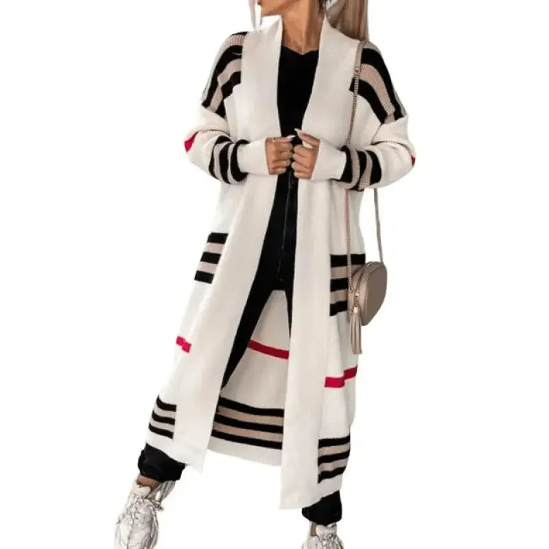 Long white striped sweater cardigan from the Striped Sweater Cardigans collection