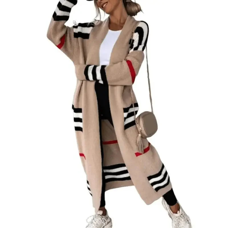 Long beige striped sweater cardigan from Striped Sweater Cardigans collection