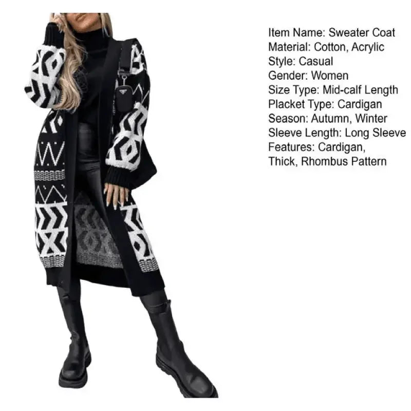 Women’s black and white rhombus pattern striped sweater cardigans for stylish cold weather wear