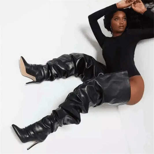Stylish black thigh-high stiletto boots from Loose Pleated Black Boots collection