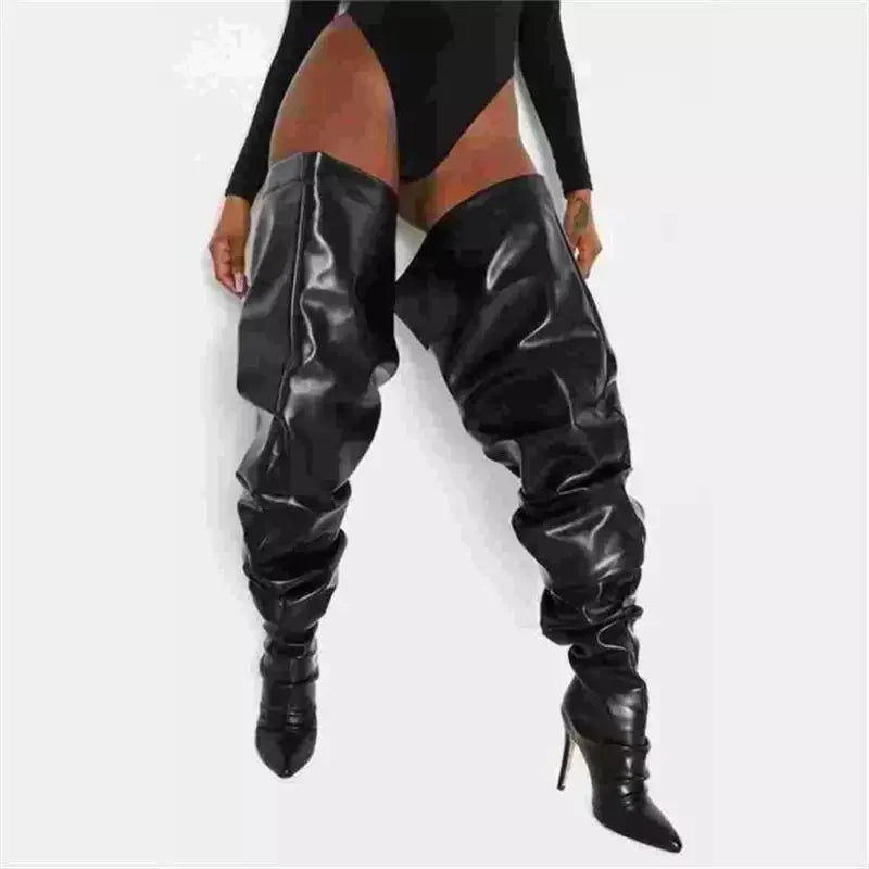 Black thigh-high stiletto knee boots displayed in Loose Pleated Black Boots collection