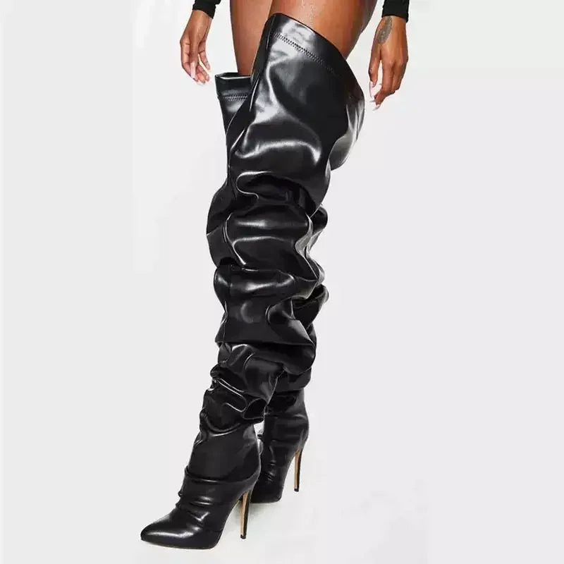 Elegant black thigh-high stiletto boots from the Loose Pleated Black Boots collection