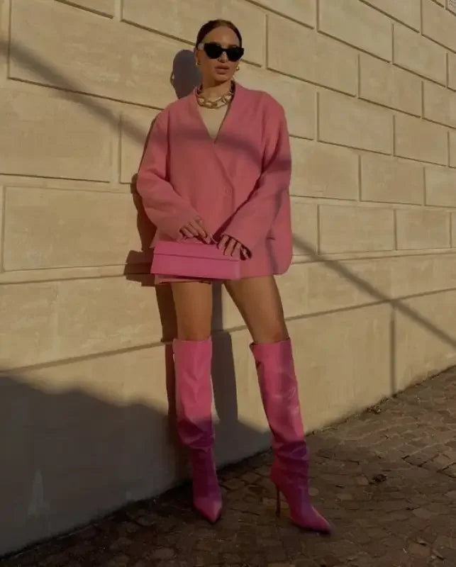 Pink monochromatic fashion ensemble featuring Pink Pointed Toe Knee High Boots for stylish knee boots boots look
