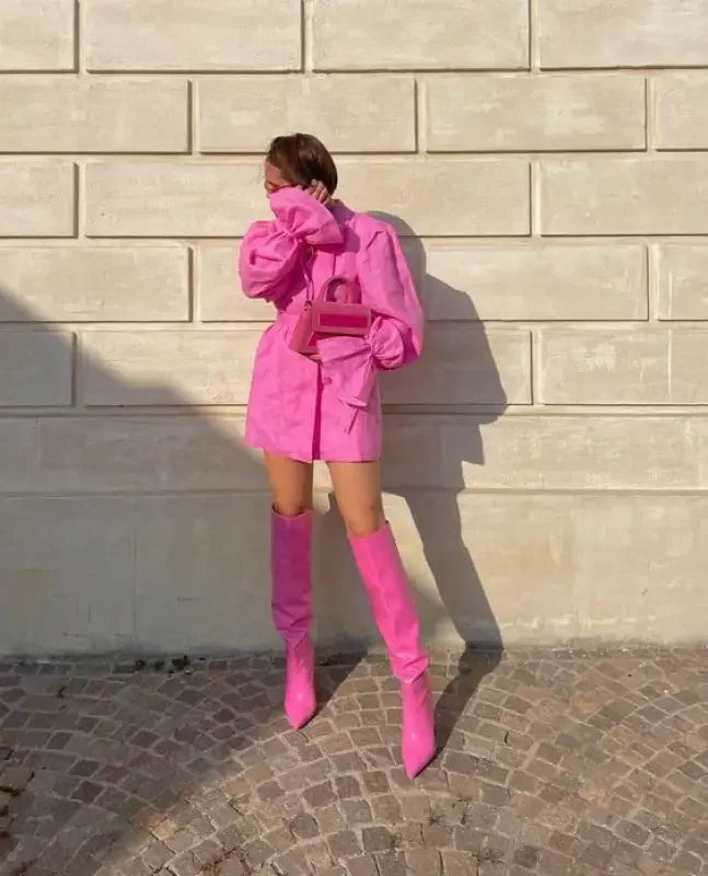 Pink outfit with matching knee boots and handbag showcasing Pink Pointed Toe Knee High Boots