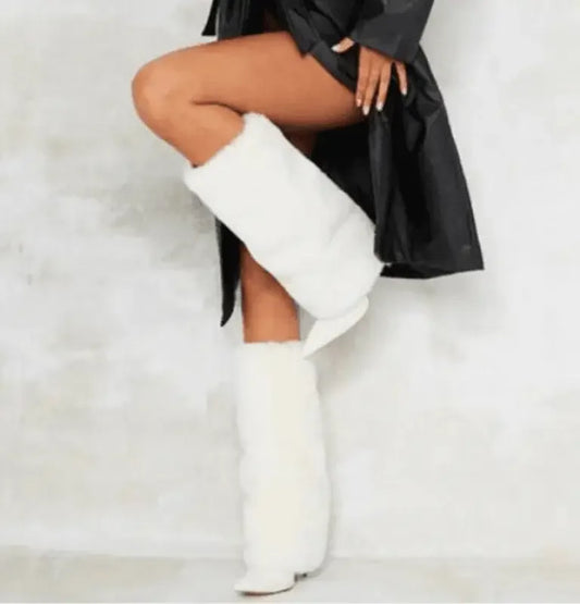 Elegant white faux fur boots from Winter Fur Knee High Boots available at Online Boutique