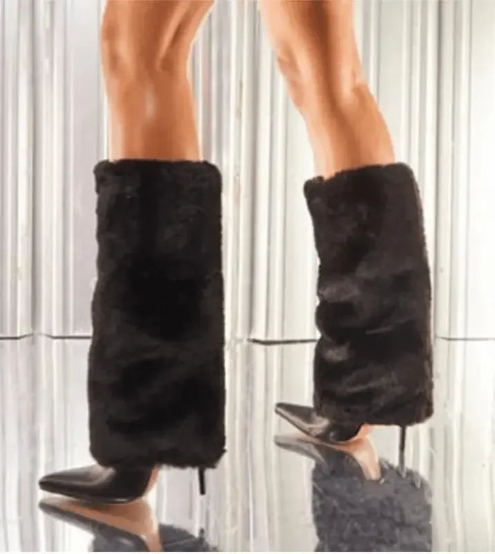 Black fur knee high leg warmers with heels from Winter Fur Knee High Boots at online boutique