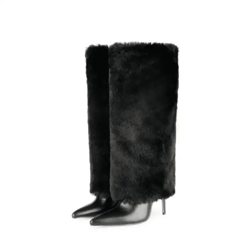Black fur-trimmed heel boots from Winter Fur Knee High Boots collection at online boutique