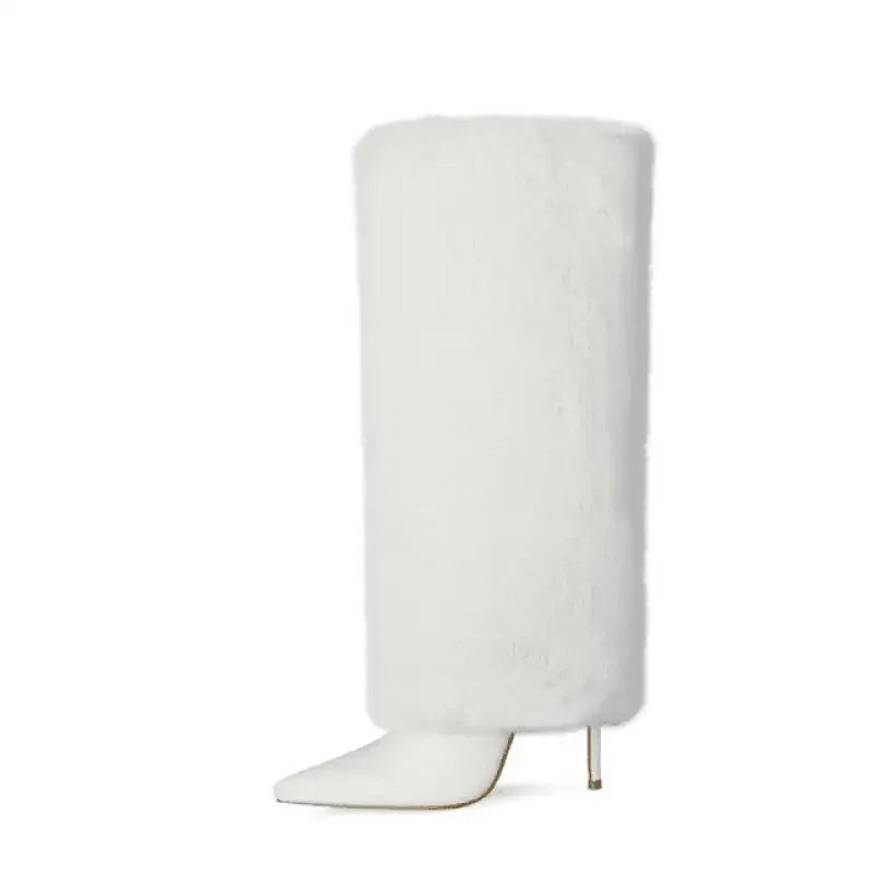 White fur-covered stiletto boot from Winter Fur Knee High Boots at the online boutique