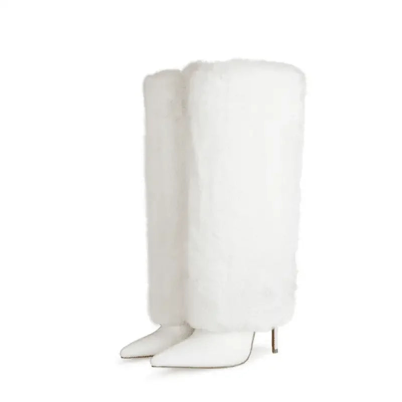 White fur-trimmed winter fur knee high boots from online boutique