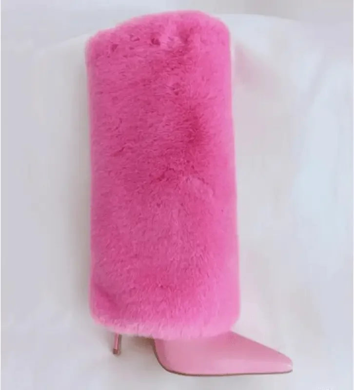 Pink fur-covered stiletto boot from Winter Fur Knee High Boots at an online boutique