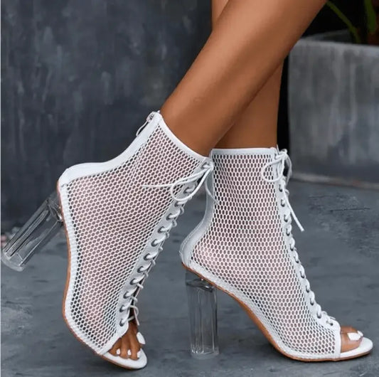 White mesh cross strappy peep toe shoes with heels, stylish peep toe shoes for women