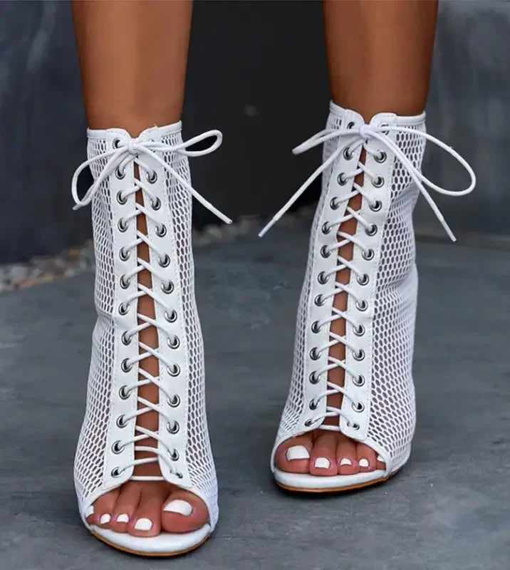 White lace-up cross strappy peep toe shoes for stylish summer footwear