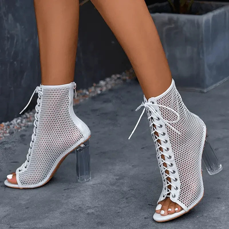 White mesh lace-up heeled booties from Cross Strappy Peep Toe Shoes with elegant peep toe design