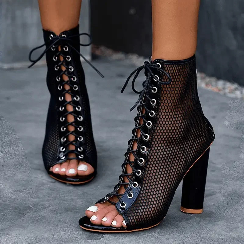 Black mesh lace-up heeled booties from Cross Strappy Peep Toe Shoes collection