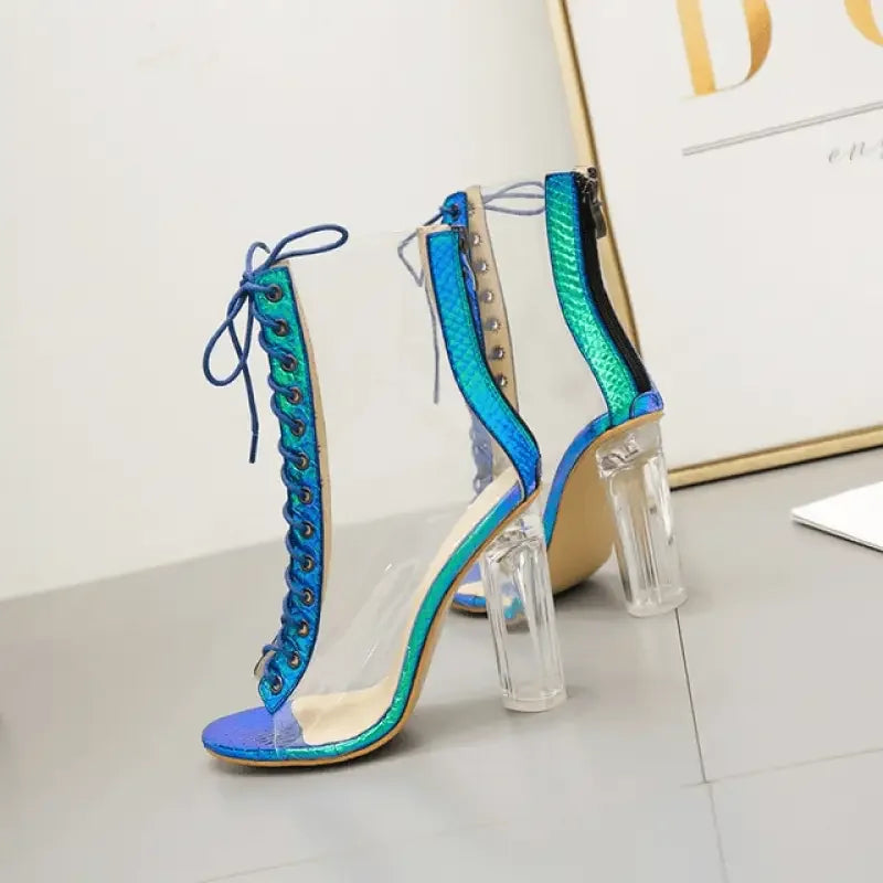Iridescent lace-up heeled sandals from Cross Strappy Peep Toe Shoes collection