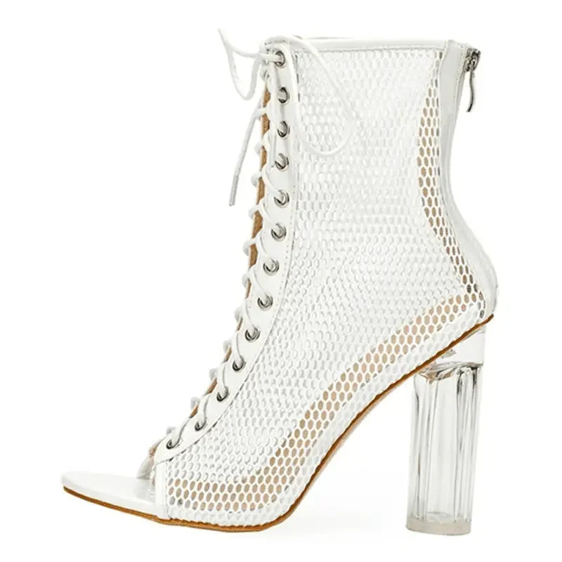 White mesh cross strappy peep toe shoes with heeled bootie design