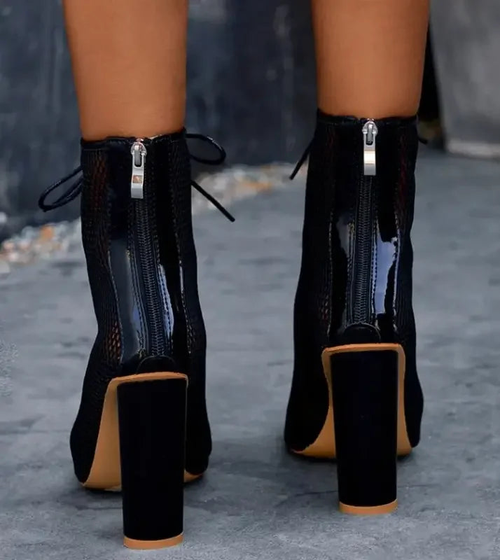 Black heeled ankle boots from Cross Strappy Peep Toe Shoes collection