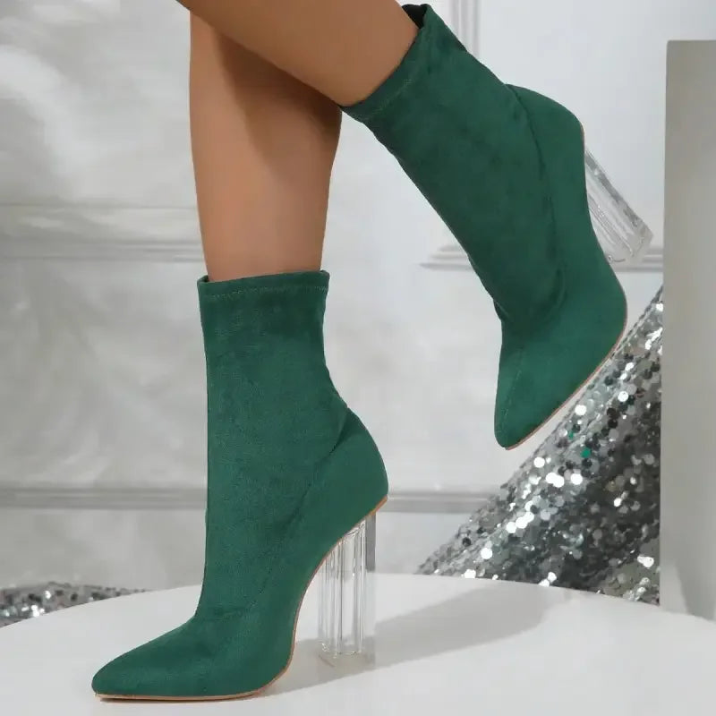 Green sock boots with clear heels, stylish suede middle tube boots for modern fashion