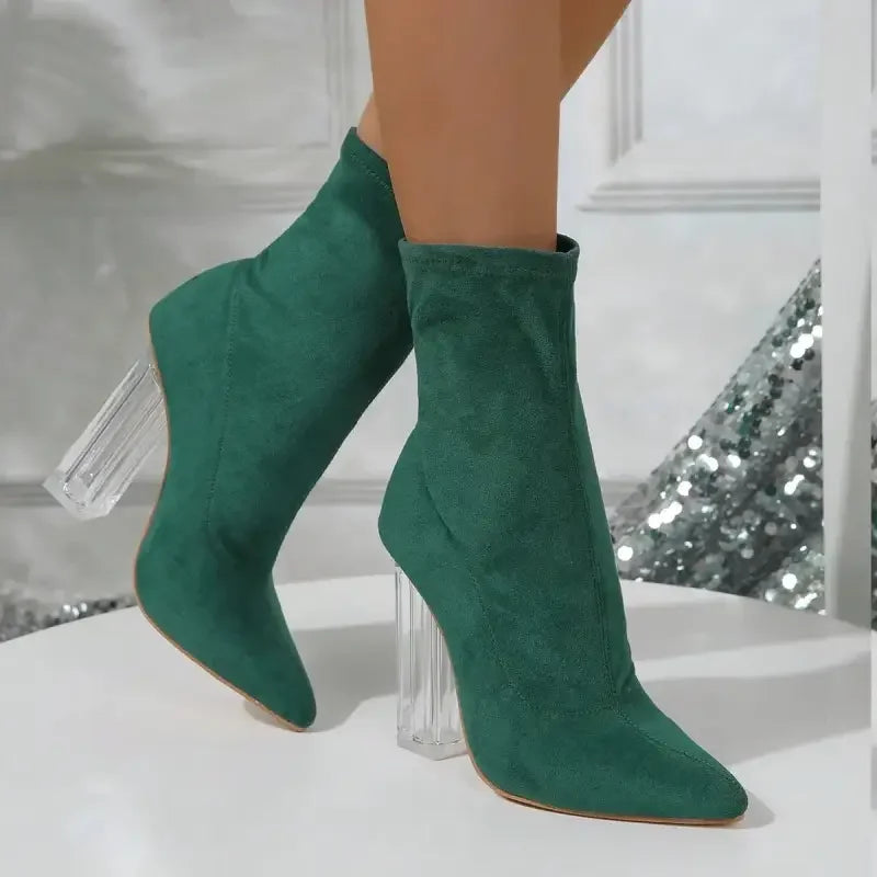 Green suede middle tube boots with clear block heels, stylish suede middle tube footwear
