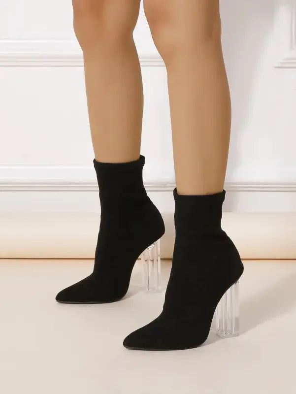 Black sock boots with clear heels from Suede Middle Tube Boots collection featuring tube boots style