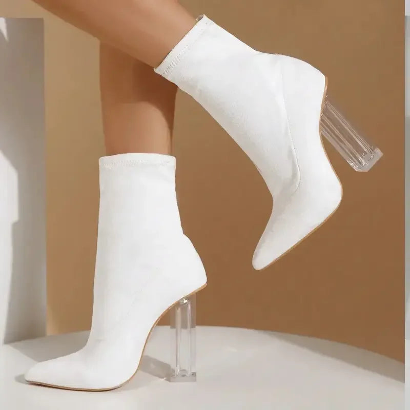 White sock boots with clear heels showcasing Suede Middle Tube Boots design