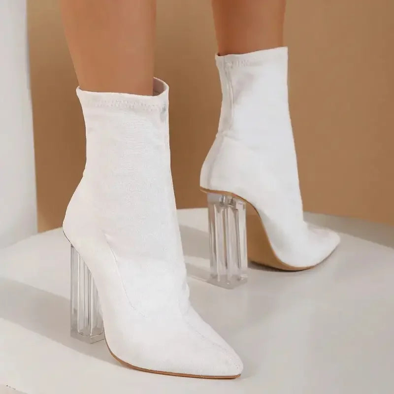 White sock boots with clear heels showcasing Suede Middle Tube Boots design
