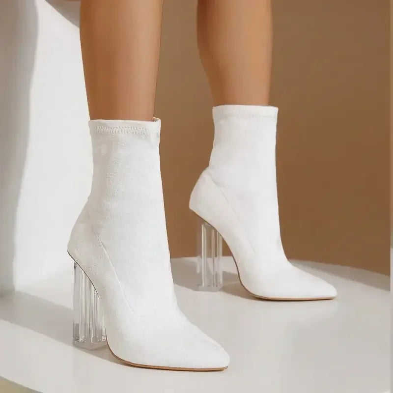 White sock boots with clear block heels, part of suede middle tube boots collection