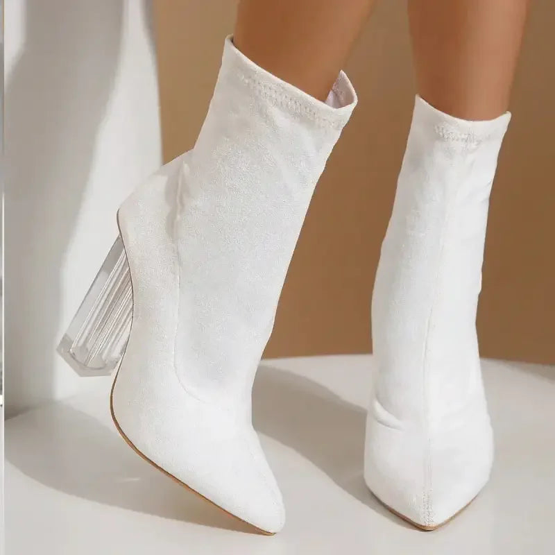 White ankle suede middle tube boots with clear block heels for stylish footwear