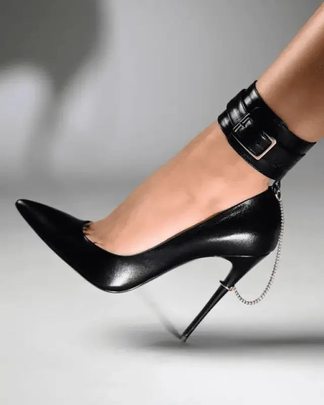 Black leather stiletto heel with ankle strap and chain from Luxury Stiletto with Chain for women’s fashion