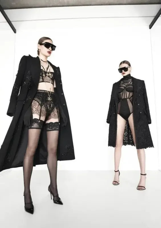 Two women modeling a long sleeve lace black bodysuit in stylish coats