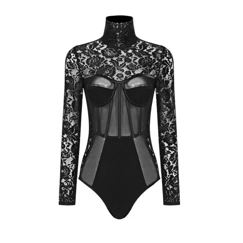 Long sleeve lace black bodysuit with mesh detailing, elegant sleeve lace black design