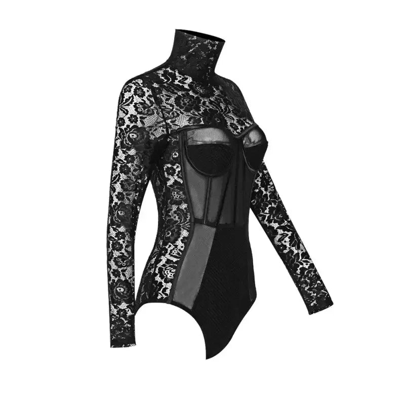 Black lace long-sleeve bodysuit with intricate sleeve lace black design