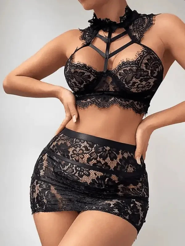 3PCS Cutout Floral Lace Garter Lingerie Set | Fashionsarah.com