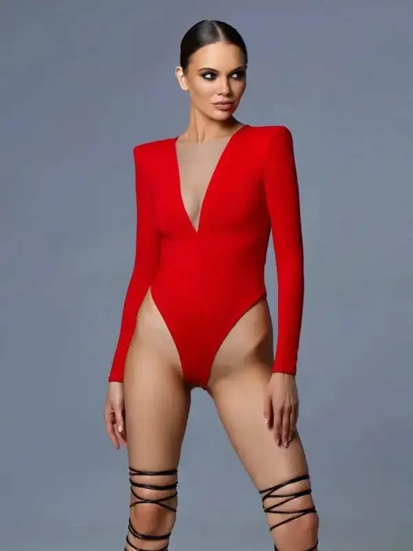 V-neck Skinny Long Sleeve Bodysuit | Fashionsarah.com