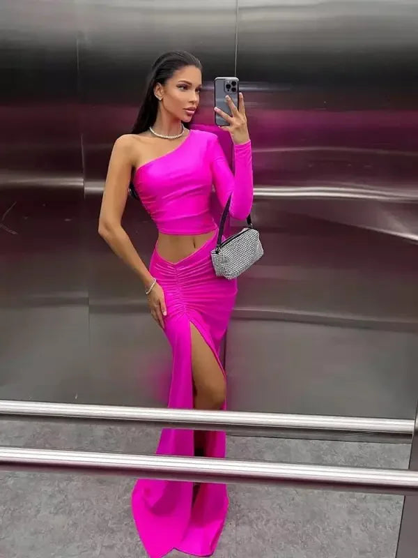 One Shoulder Cut Out Split Ruched Maxi Dress | Fashionsarah.com