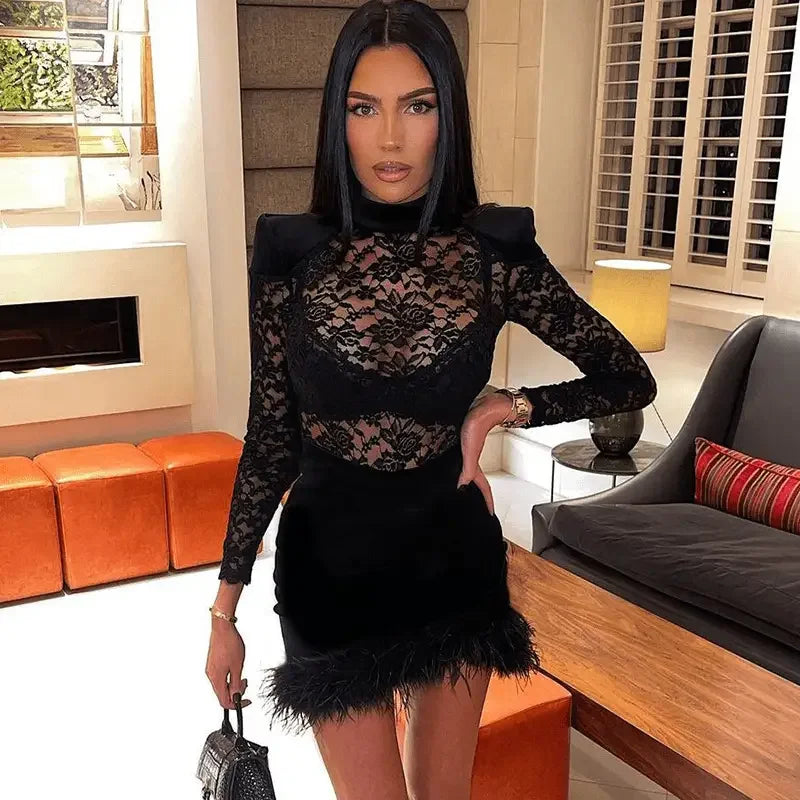 Lace Turtleneck Slim Dress | Fashionsarah.com