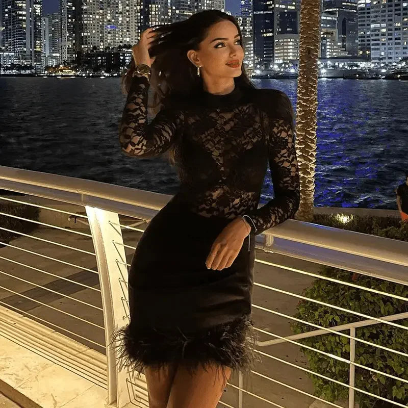 Lace Turtleneck Slim Dress | Fashionsarah.com