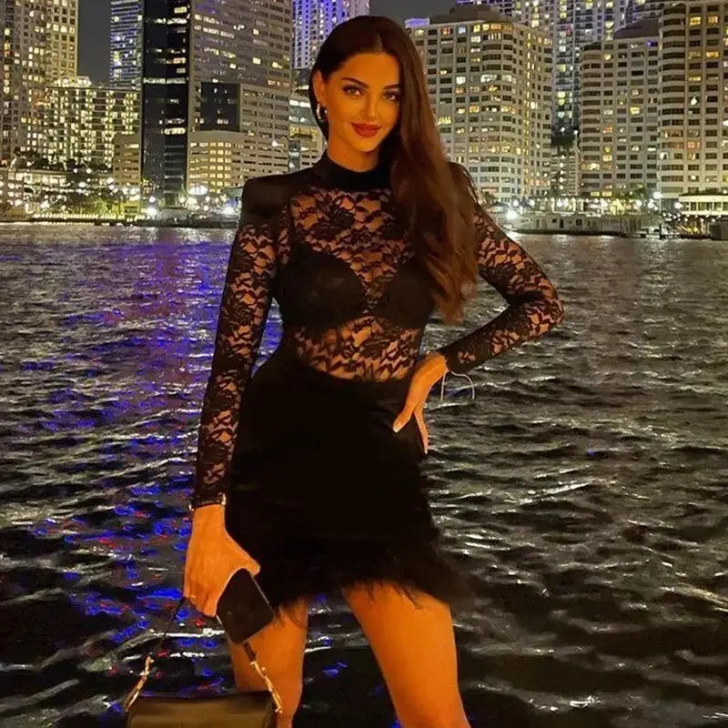 Lace Turtleneck Slim Dress | Fashionsarah.com