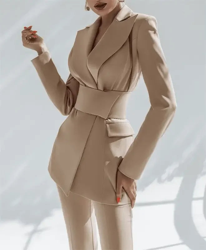 Women Blazer With Belt + Flare Pants Set | Fashionsarah.com