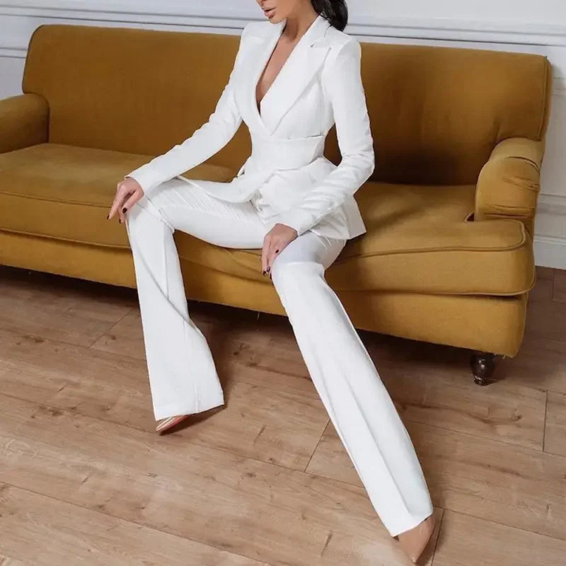 Women Blazer With Belt + Flare Pants Set | Fashionsarah.com