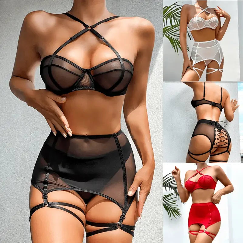 3 Pcs/Set Mesh Lingerie set, Garter With Leg Rings | Fashionsarah.com
