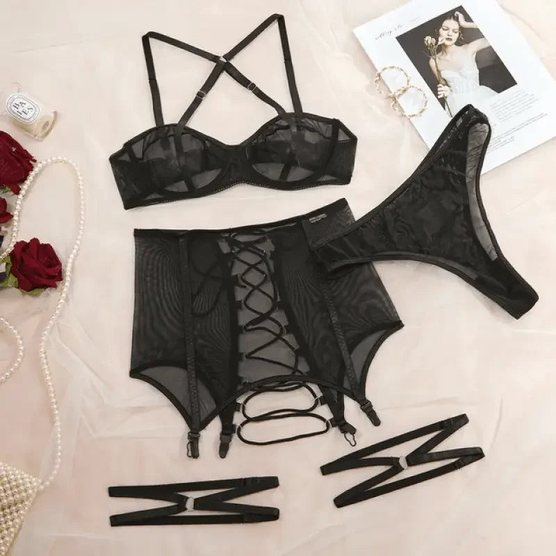 3 Pcs/Set Mesh Lingerie set, Garter With Leg Rings | Fashionsarah.com