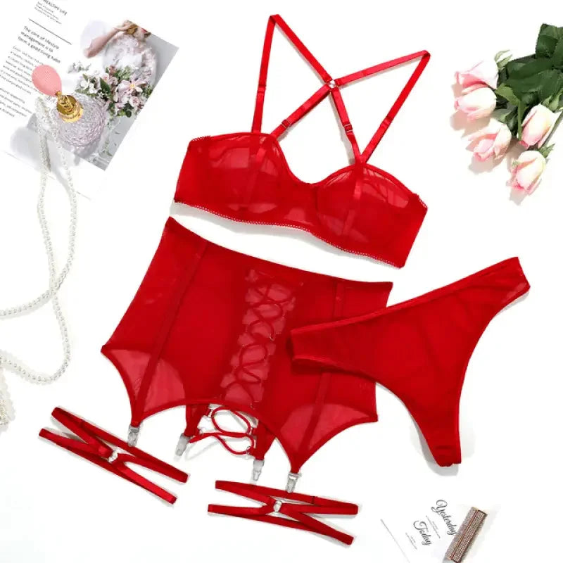 3 Pcs/Set Mesh Lingerie set, Garter With Leg Rings | Fashionsarah.com