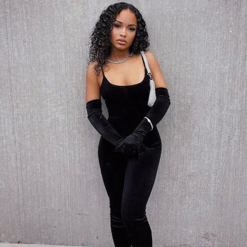 Velvet U-Neck Jumpsuit with gloves | Fashionsarah.com