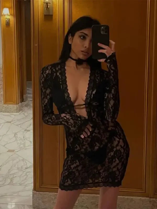 Transparent Deep V Neck Mini Dress | Fashionsarah.com