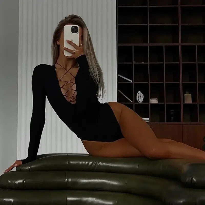 Cross Tie Cutout Sexy Bodysuit | Fashionsarah.com